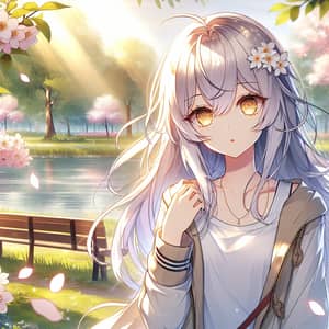 Anime Girl with White Hair and Golden Eyes | Serene Park Scene