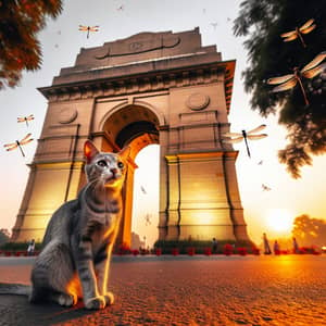 Grey Tabby Cat at India Gate | Enchanting Sunset Scene