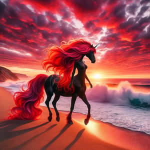 Red-Haired Female Centaur Walking on Sandy Beach at Sunset