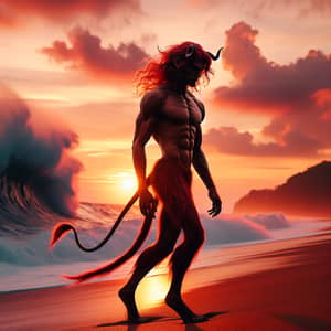 Enigmatic Red-Haired Faun Walking on Beach at Sunset