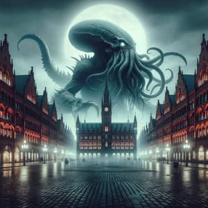 Mythical Sea Creature Unleashing Chaos in Red-Brick City Square