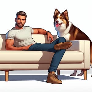 South Asian Male with Athletic Build and Border Collie on Modern Sofa