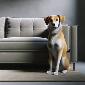 Medium-Sized Tan and White Dog beside Modern Grey Couch