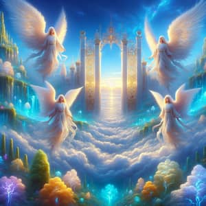 Tranquil Heaven: Ethereal Digital Art with Azure Sky and Golden Gates