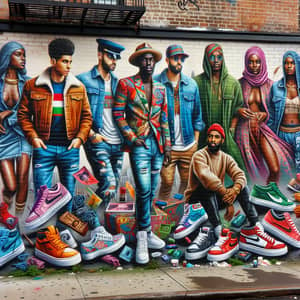 Fashion Street Mural: Urban Art Display with Diverse Clothing Items