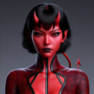 Enigmatic Devil Woman with Red Skin in Dark Red Bodysuit