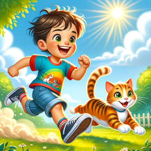 Joyful Scene: Child and Cat Racing in Green Park