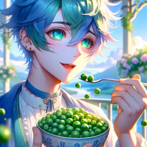 Enchanting Anime Boy with Radiant Blue Hair Enjoying Peas