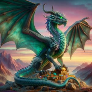 Majestic Dragon in Sea-Green Scales | Ancient Gold and Jewels