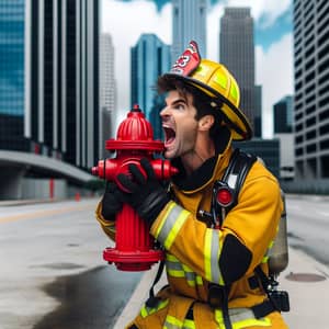 Caucasian Male Firefighter Playfully Gnawing on Fire Hydrant