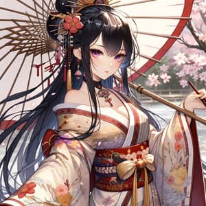 Fantasy Anime Girl in Silk Kimono | Serene Cherry Blossom Scene