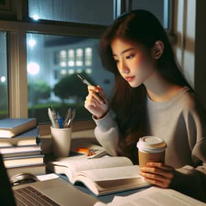 Asian Female College Student Studying Late Night at Desk