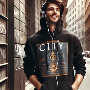 Happy Caucasian Man Walking with TOMMY ENGLISH Logo Hoodie