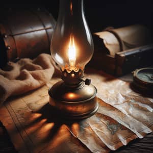 Rustic Oil Lamp Illuminating Antique Map | Warm Glow Scene