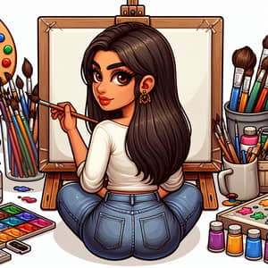 South Asian Woman Painting Scene | Art Supplies Surrounding Her