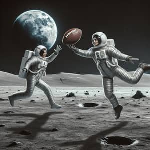 Moon Football: South Asian Female & Caucasian Male Astronauts Playing
