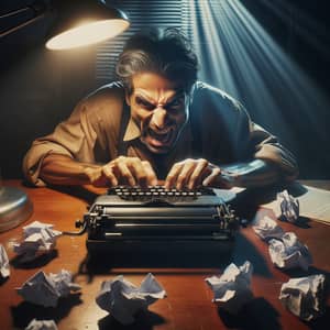 Animated Hispanic Man Typing Dramatically on Vintage Typewriter