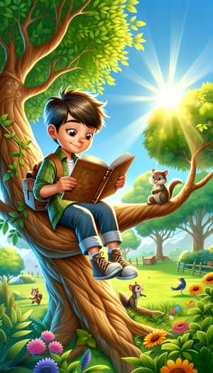 Boy Reading Book Sitting on Tree: A Day of Adventure
