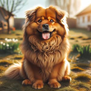 Fluffy Dog in a Peaceful Spring Yard - Joyful Canine Scene
