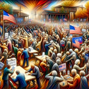 2024 Election Chaos: Multicultural Polling Scene in Chaotic Art Style