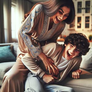 Middle-Eastern Mother Tickles Teen Son | Family Joy