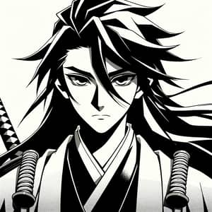 Youthful Male Samurai with Long Hair in Anime Style