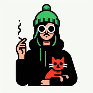 Person in Black Hoodie with Green Hat Smoking Cigarette Holding Cat