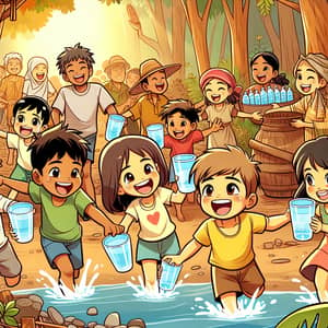 Warm Community Scene Cartoon: Vibrant Illustration in Forest