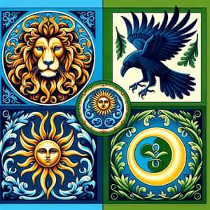 Quarterly Family Crest with Lion, Raven, Sun & Moon