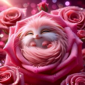 Vibrant Pink Fluffy Creature Sleeping in Rose Petal