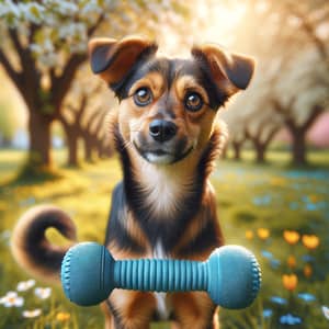 Playful Domestic Dog in Lush Green Park | Bright Blue Chew Toy