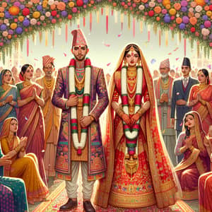 Traditional Nepali Wedding Scene: Bride & Groom in Cultural Attire
