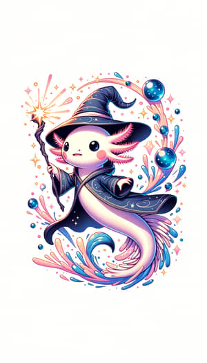 Axolotl Wizard Illustration: Enchanting Sky Soar