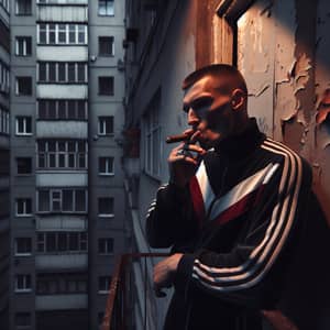 Urban Gritty Scene: Slavic Man Smoking Cigar Outside Residential Building