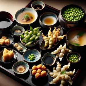 Traditional Japanese Appetizers: Edamame, Miso Soup, Tempura & Gyoza