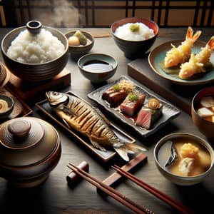 Delicious Japanese Main Courses: Traditional Spread on Dark Wooden Table