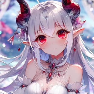 Enchanting Anime Girl with Red Eyes, White Hair & Cute Horns