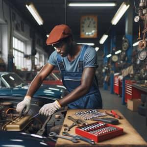 Experienced African American Mechanic Working on Vintage Car