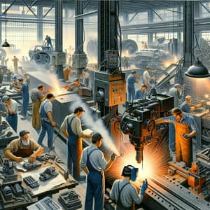 Mechanical Welding Workshop: Machinery, Tools, and Diverse Workforce