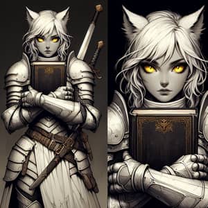 Warrior Girl with Yellow Cat-like Eyes in White Armor