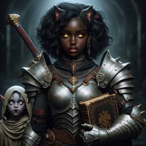 Teenage Black Warrior Girl in White Armor with Vampire Child