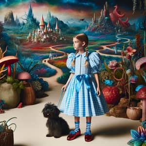 Young Girl in Blue Gingham Dress with Shaggy Dog | Fantasy Landscape