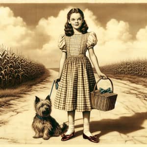 Vintage Sepia Photo of Teenage Girl with Terrier in Midwestern Landscape