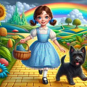 Young Girl in Rural Style Dress with Wicker Basket and Black Terrier