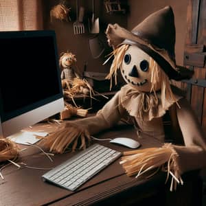 a scarecrow from the wizard of oz in front of the computer
