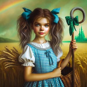 Historical American Midwest Girl in Wheat Field with Emerald City Background