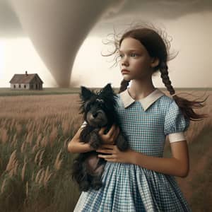 Girl with Pigtailed Hair in Gingham Dress Confronts Tornado
