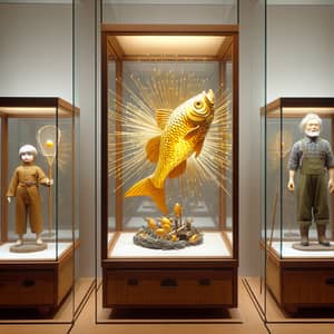 Radiant Golden Fish and Fisherman Doll Display