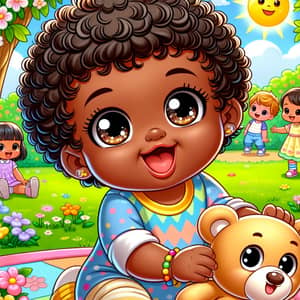 Delightful Cartoon Black Toddler Playing in Sunny Park