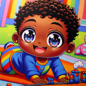 Cute Anime Black Toddler Playing with Toy Train Set